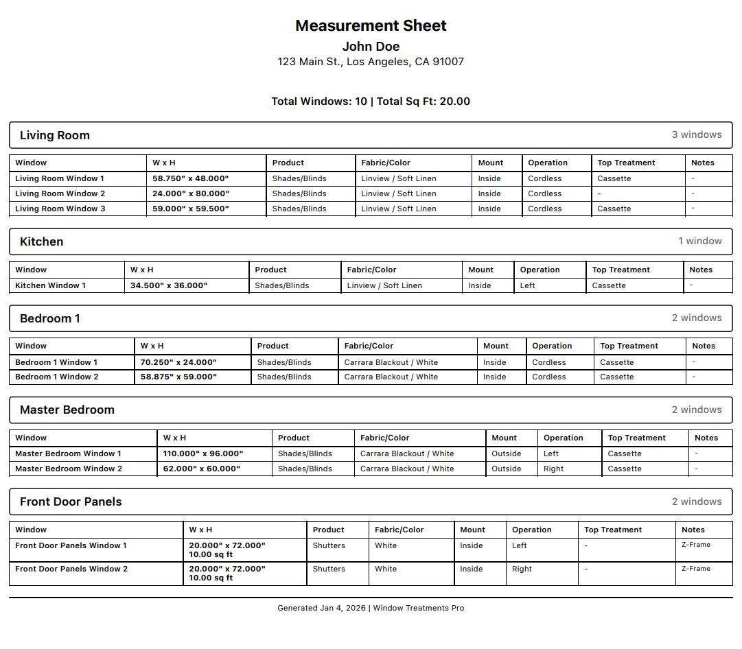 Example Measurement Sheet